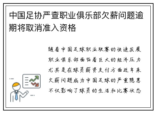 中国足协严查职业俱乐部欠薪问题逾期将取消准入资格 中国足协严查职业俱乐部欠薪问题逾期将取消准入资格