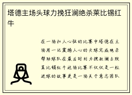塔德主场头球力挽狂澜绝杀莱比锡红牛 塔德主场头球力挽狂澜绝杀莱比锡红牛