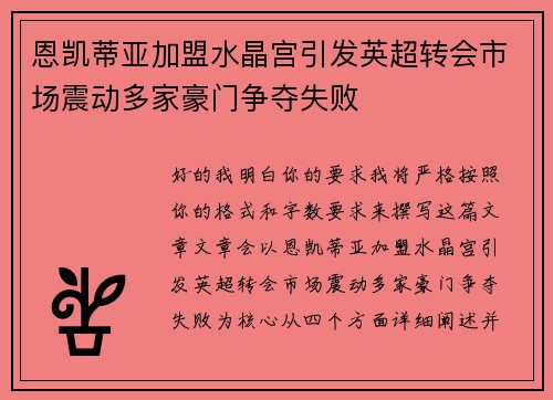 恩凯蒂亚加盟水晶宫引发英超转会市场震动多家豪门争夺失败